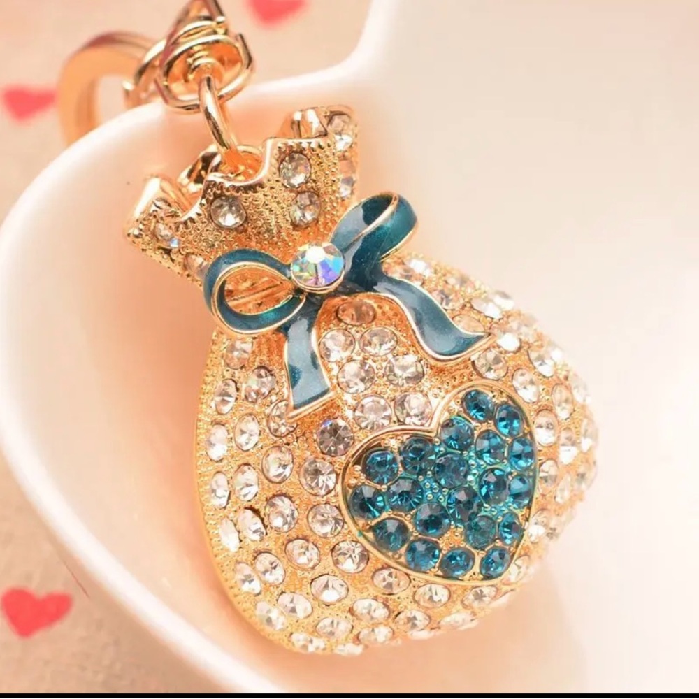 Gold Plated Diamond Crystal Good Luck Money Bag Key Chain Ring Pendant 4 Inches